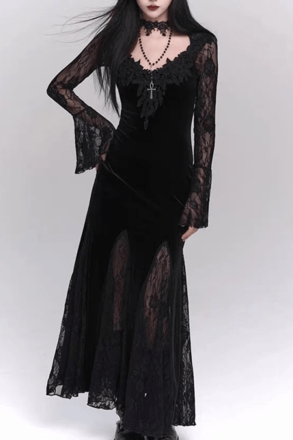 Paula Gothic Velvet Black Lace Mermaid Dress Avalabel