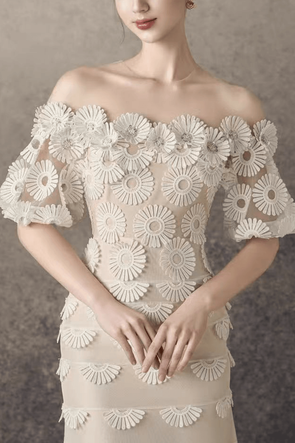 Iris Off Shoulder Tiered Lace floral tulle midi dress - Avalabel