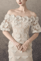 Iris Off Shoulder Tiered Lace floral tulle midi dress - Avalabel