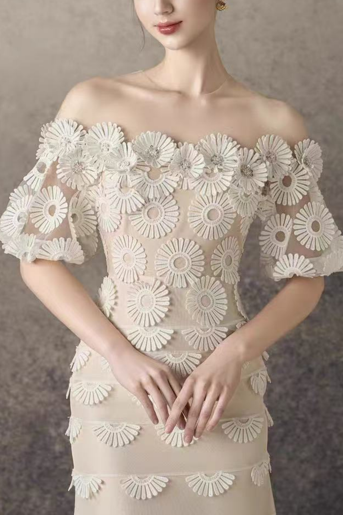 Iris Off Shoulder Tiered Daisy Lace Tulle Midi Dress