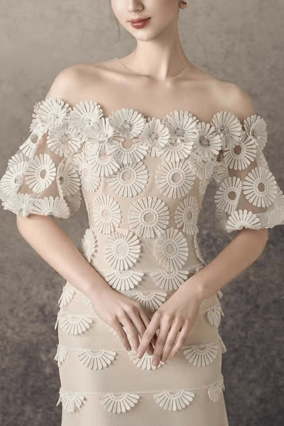 Iris Off Shoulder Tiered Lace floral tulle midi dress - Avalabel