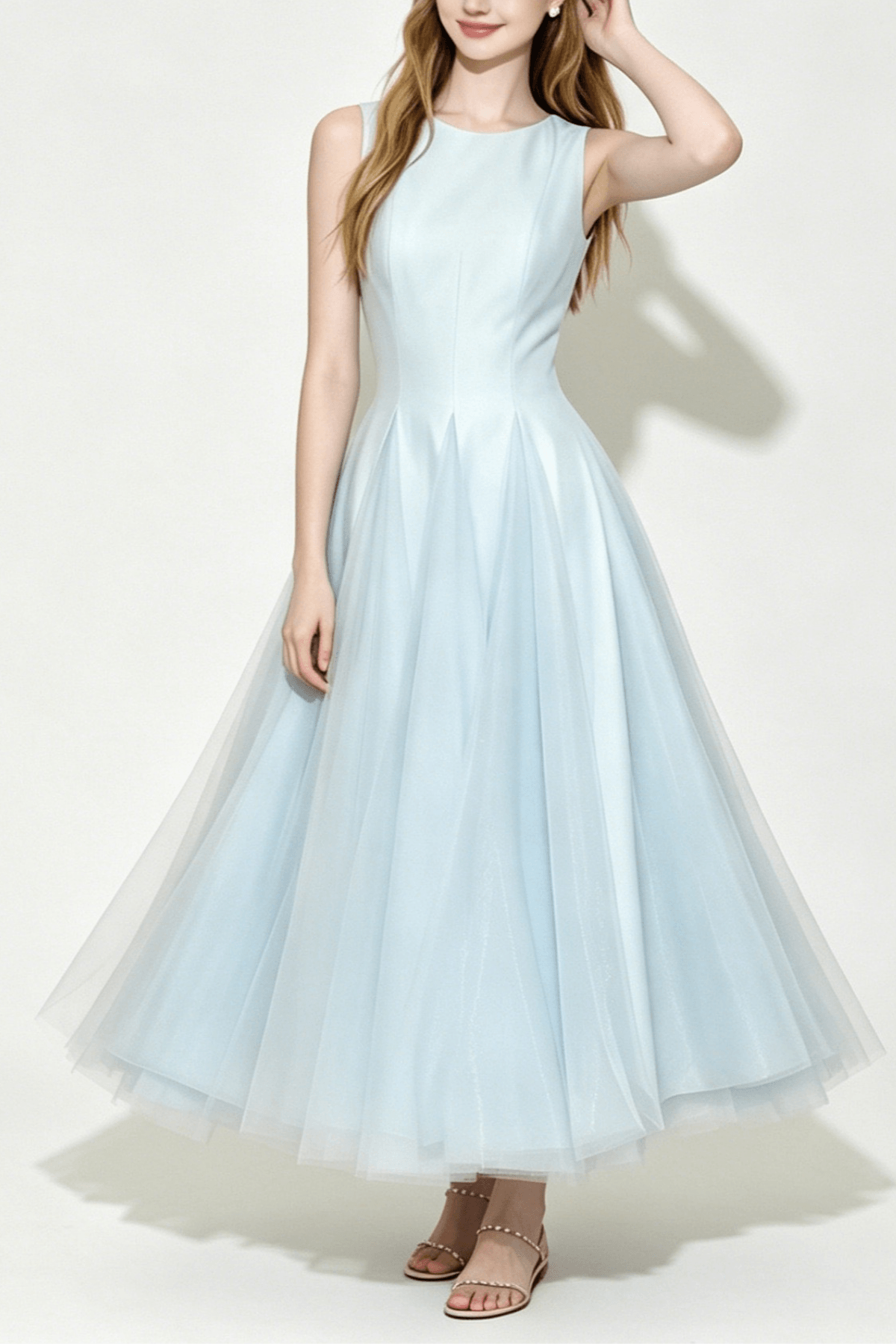 Amelia Light Blue Pleated A Line Midi Dress Avalabel