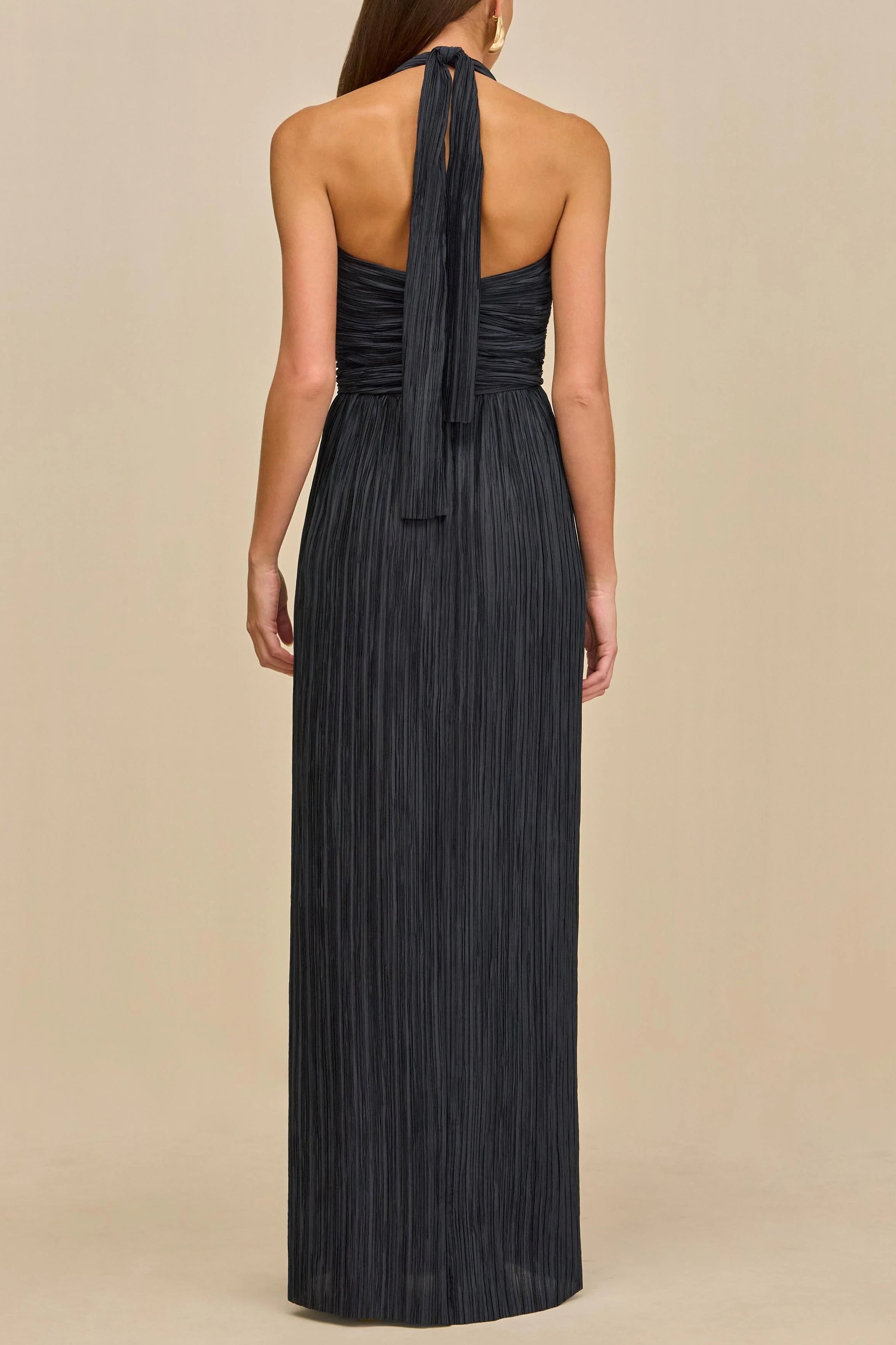 bonnie halter pleated cutout maxi dress in navy blue Avalabel