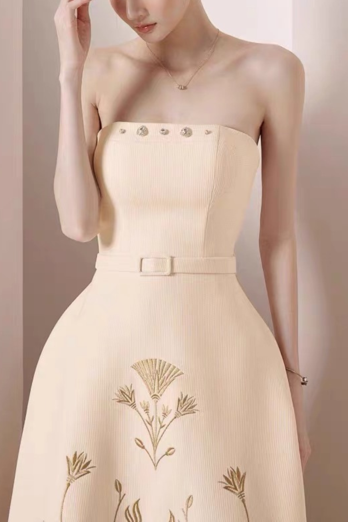 Claire Strapless Beige Botanical Embroidery Midi Dress Avalabel