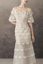 Iris Off Shoulder Tiered Lace floral tulle midi dress - Avalabel