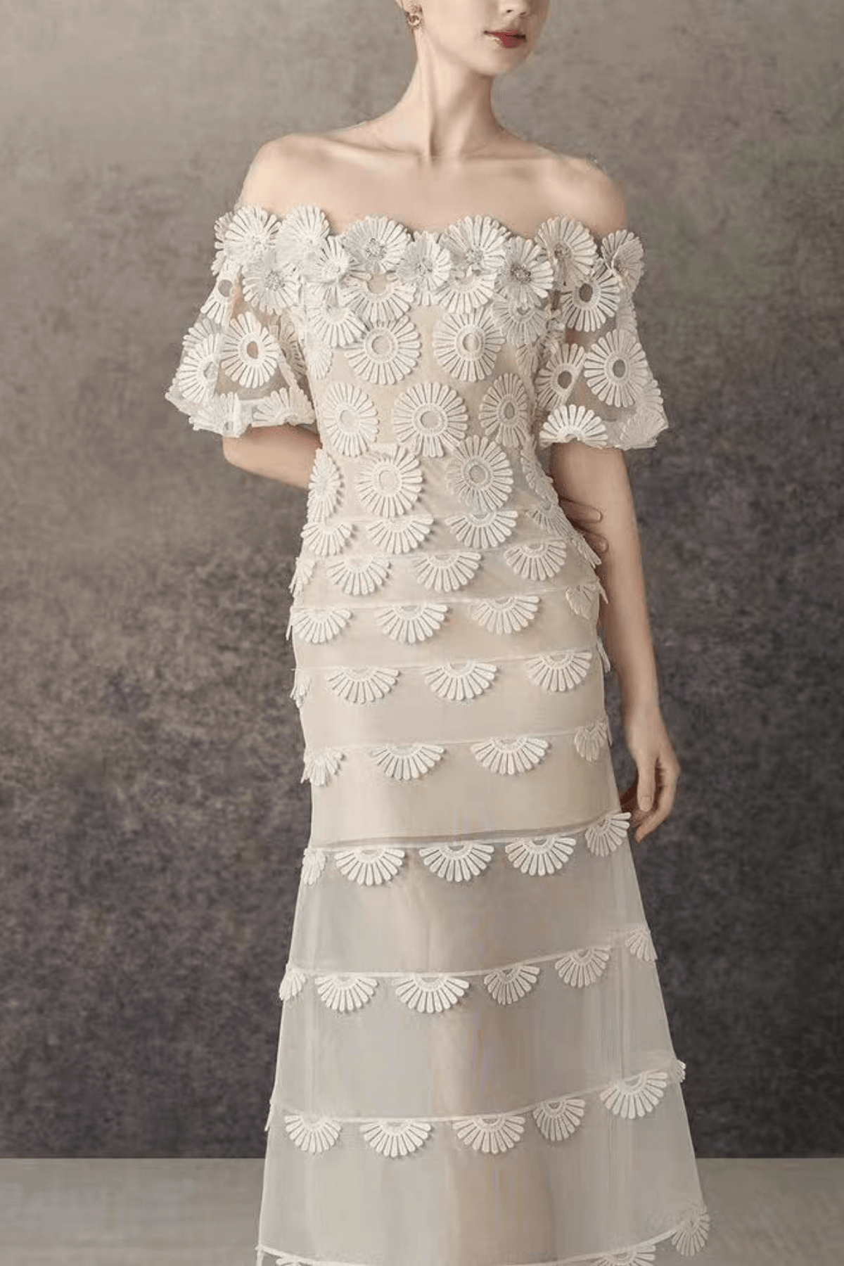 Iris Off Shoulder Tiered Lace floral tulle midi dress - Avalabel