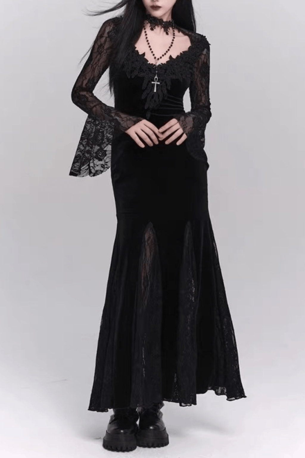 Paula Gothic Velvet Black Lace Mermaid Dress Avalabel
