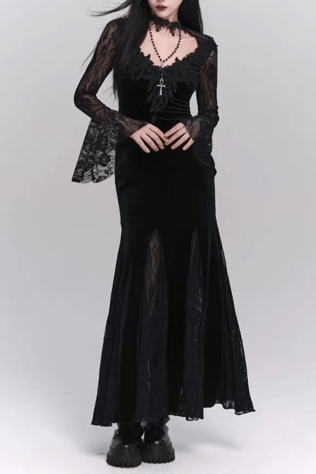 Paula Gothic Velvet Black Lace Mermaid Dress Avalabel