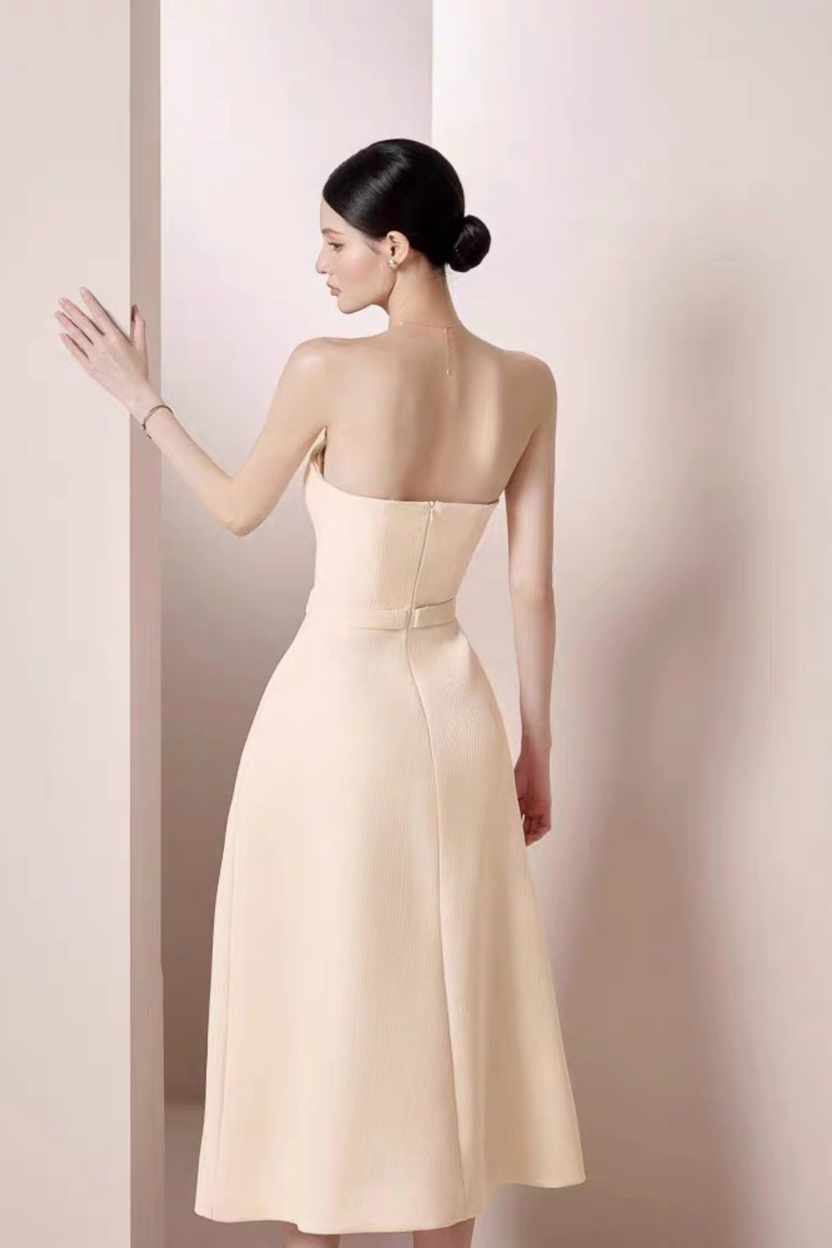 Claire Strapless Beige Botanical Embroidery Midi Dress Avalabel