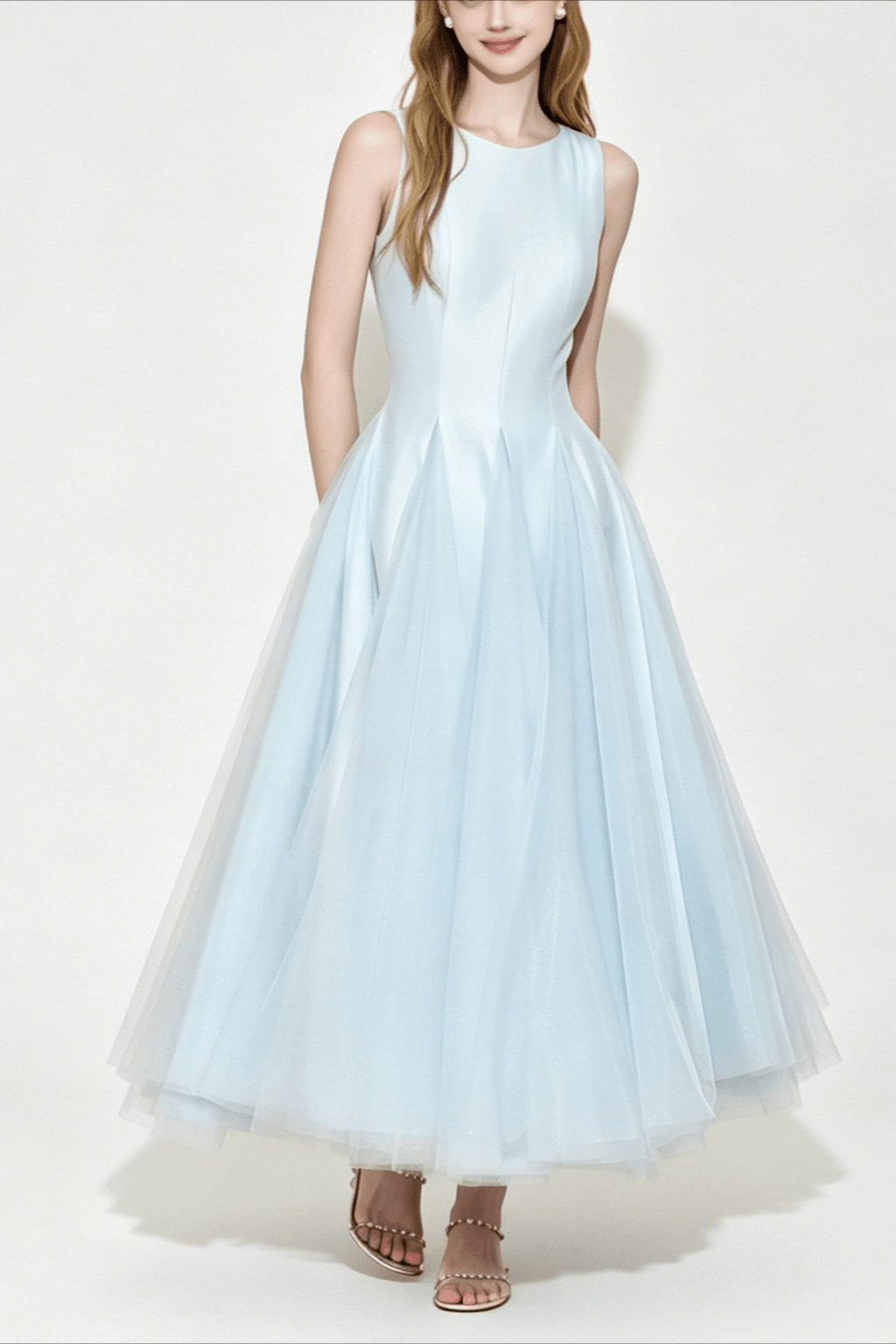 Amelia Light Blue Pleated A Line Midi Dress Avalabel