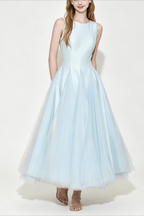 Amelia Light Blue Pleated A Line Midi Dress Avalabel