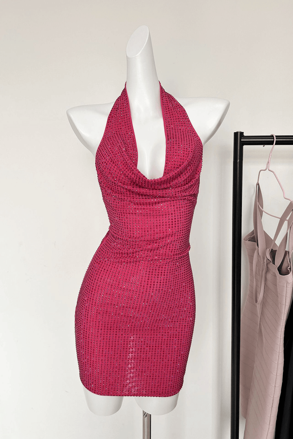 Elle Pink Rhinestone Halter Neck Bodycon Mini Dress Avalabel