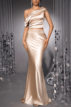 Champagne Satin Two Piece One Shoulder Dress Avalabel