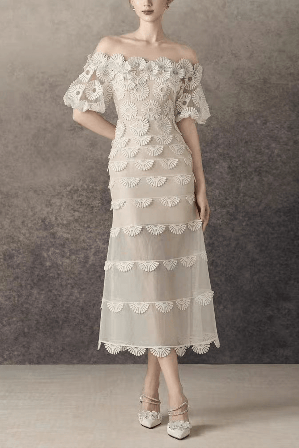Iris Off Shoulder Tiered Lace floral tulle midi dress - Avalabel