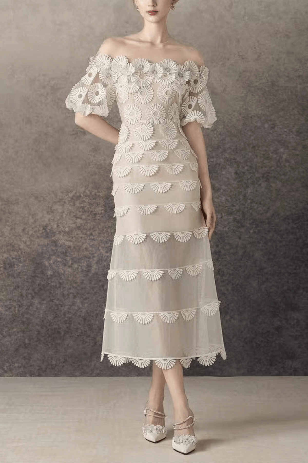 Iris Off Shoulder Tiered Lace floral tulle midi dress - Avalabel