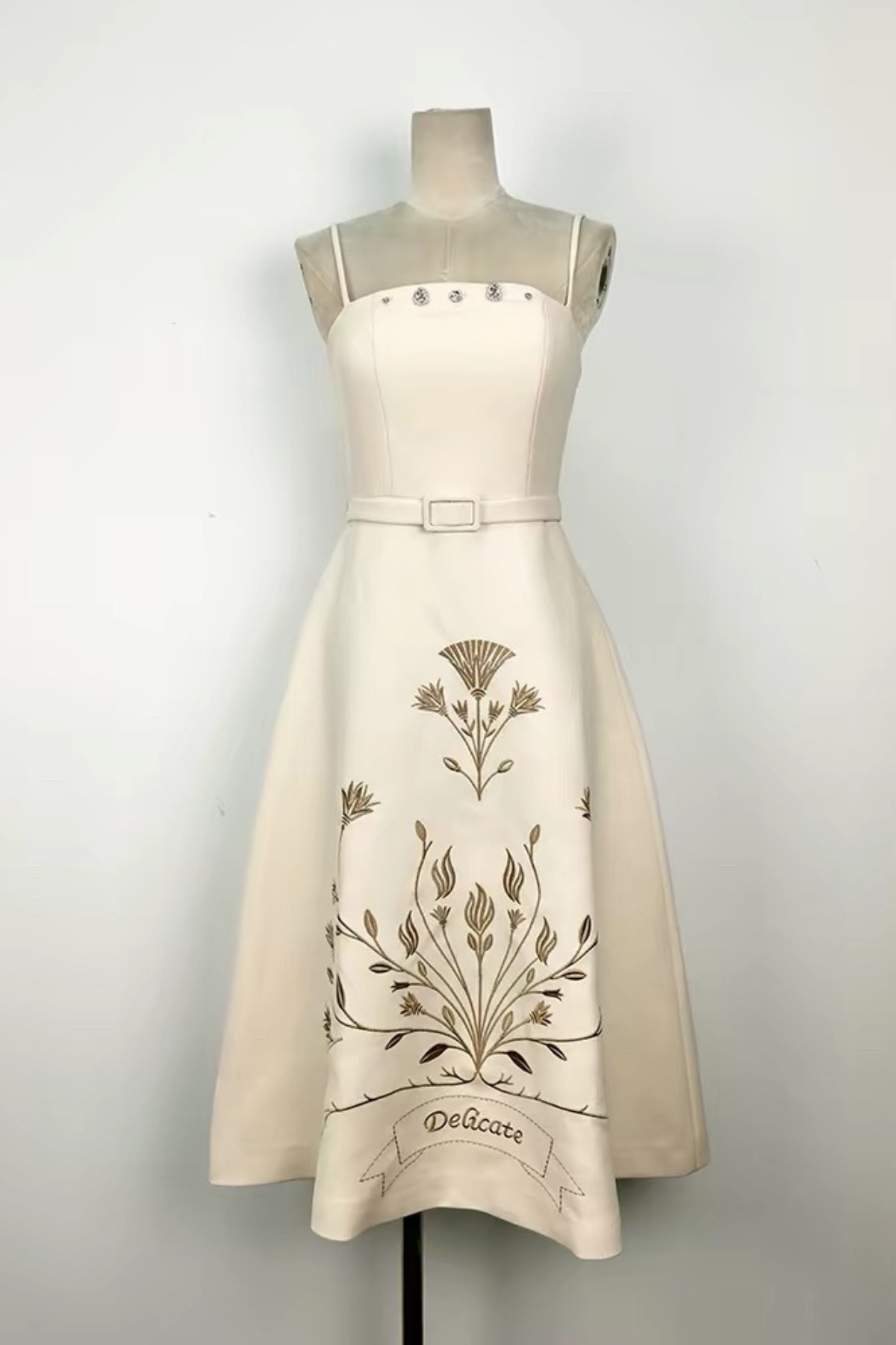 Claire Strapless Beige Botanical Embroidery Midi Dress Avalabel