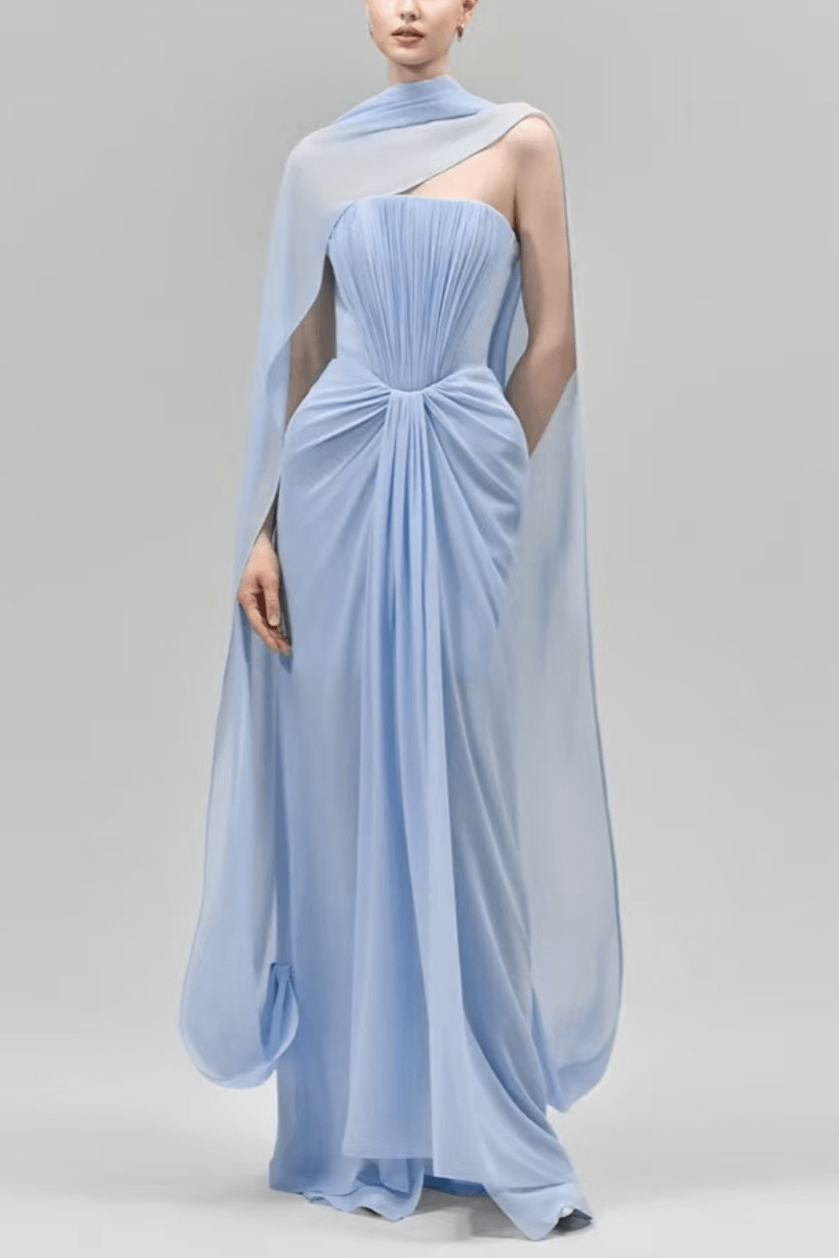 Elowen Strapless Draped Chiffon Cape Dress - Avalabel