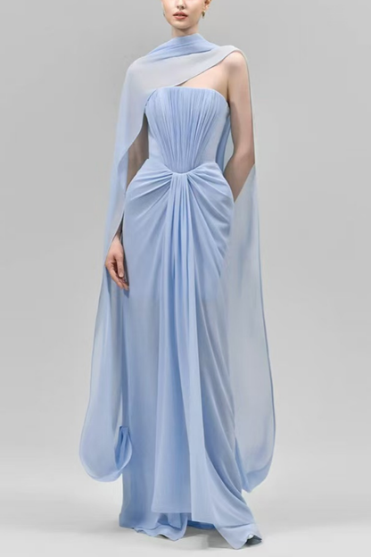 Elowen Strapless Draped Chiffon Cape Floor Length Maxi Dress
