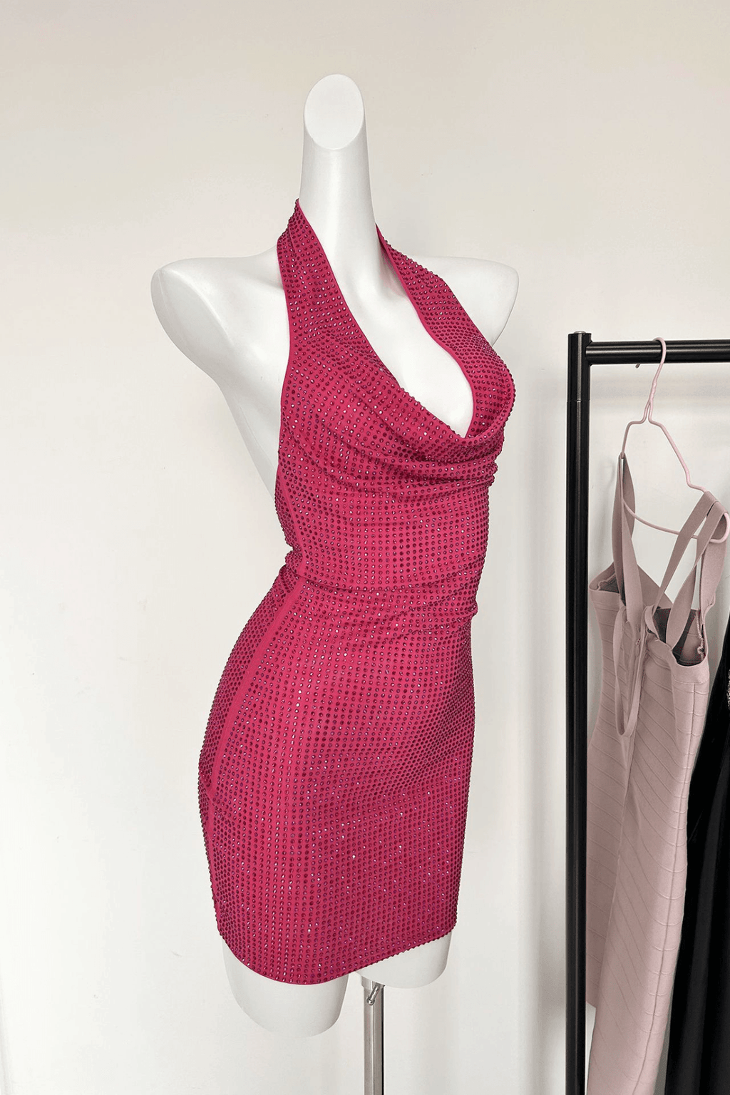 Elle Pink Rhinestone Halter Neck Bodycon Mini Dress Avalabel