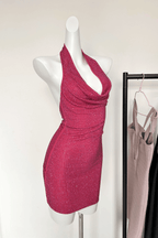 Elle Pink Rhinestone Halter Neck Bodycon Mini Dress Avalabel
