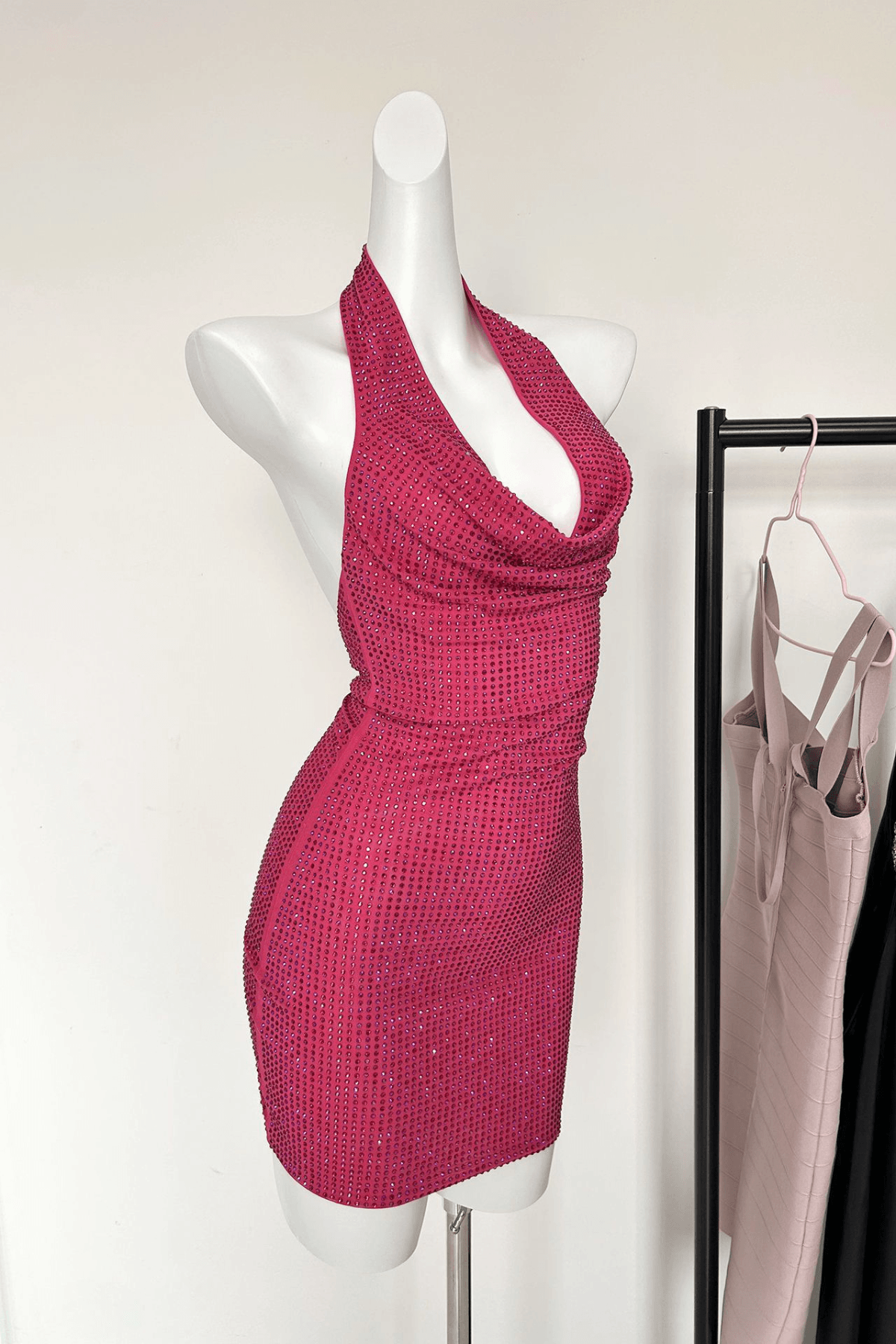 Elle Pink Rhinestone Halter Neck Bodycon Mini Dress Avalabel