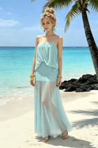 Joan Blue Spaghetti Strap Draped Sheer Dress Avalabel