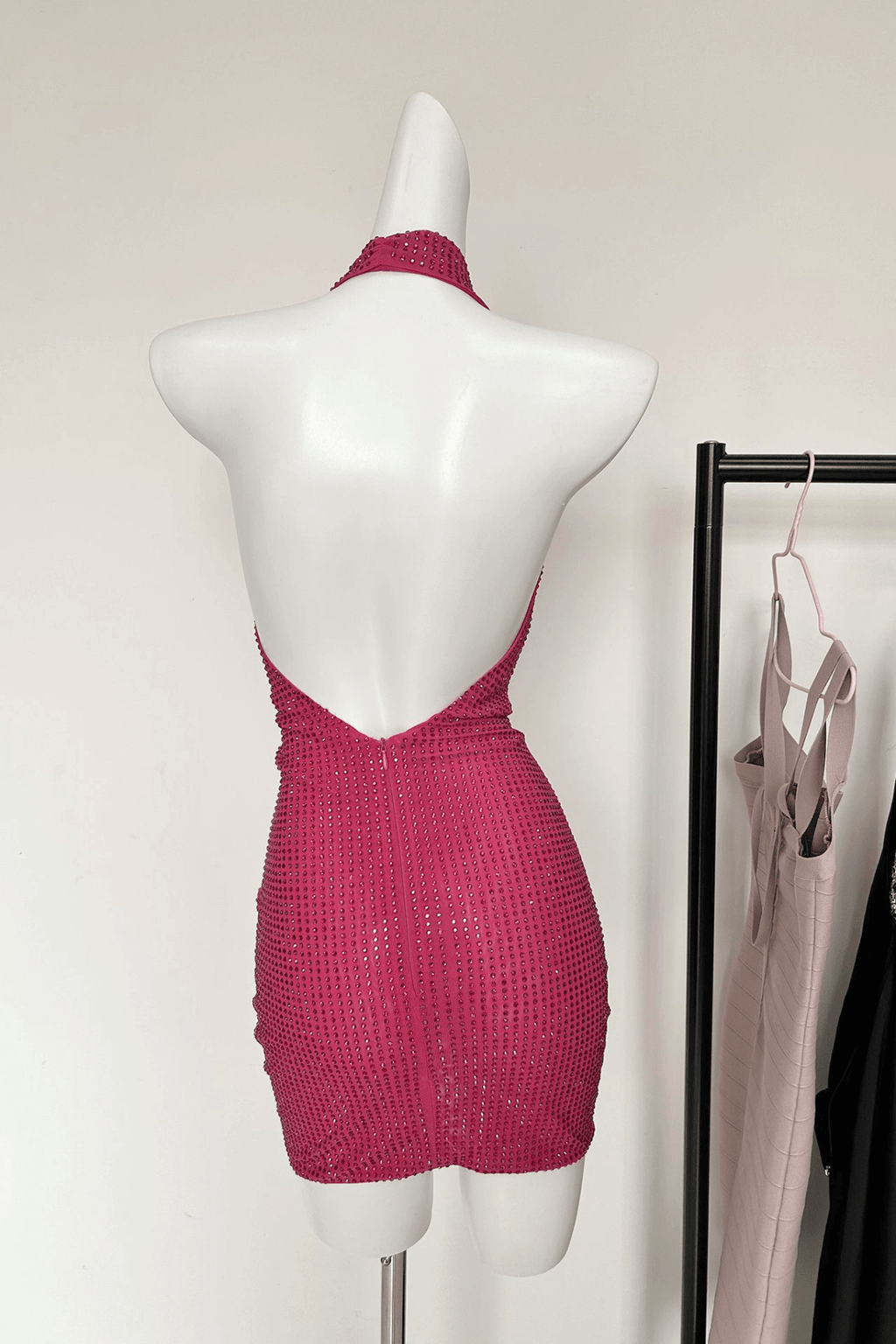 Elle Pink Rhinestone Halter Neck Bodycon Mini Dress Avalabel