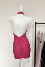 Elle Pink Rhinestone Halter Neck Bodycon Mini Dress Avalabel