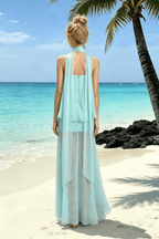 Joan Blue Spaghetti Strap Draped Sheer Dress Avalabel