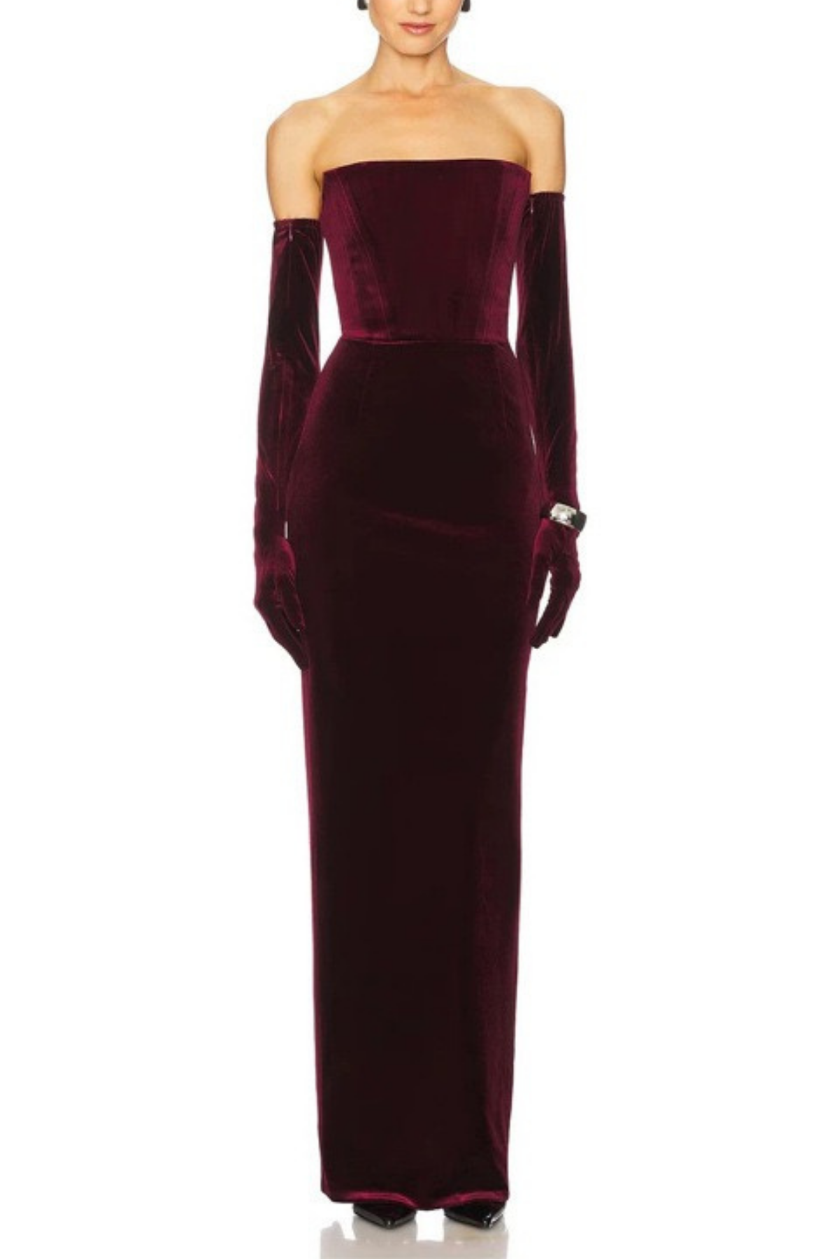 Diana Burgundy Strapless Velvet Maxi Dress with Long Gloves Avalabel