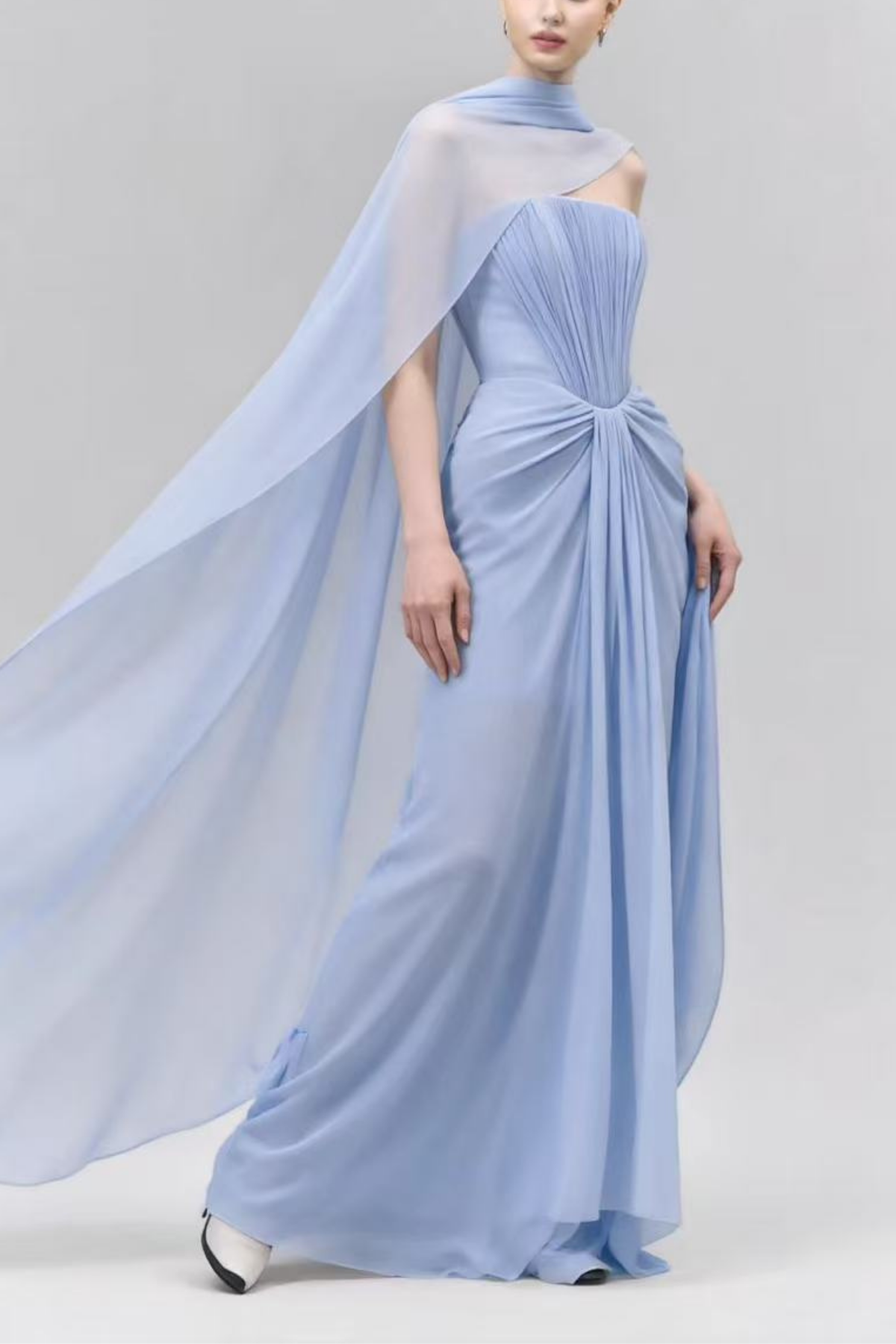 Elowen Strapless Draped Chiffon Cape Floor Length Maxi Dress