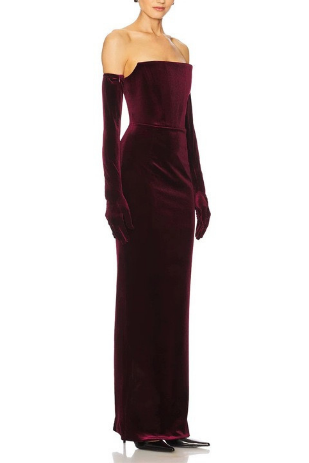 Diana Burgundy Strapless Velvet Maxi Dress with Long Gloves Avalabel