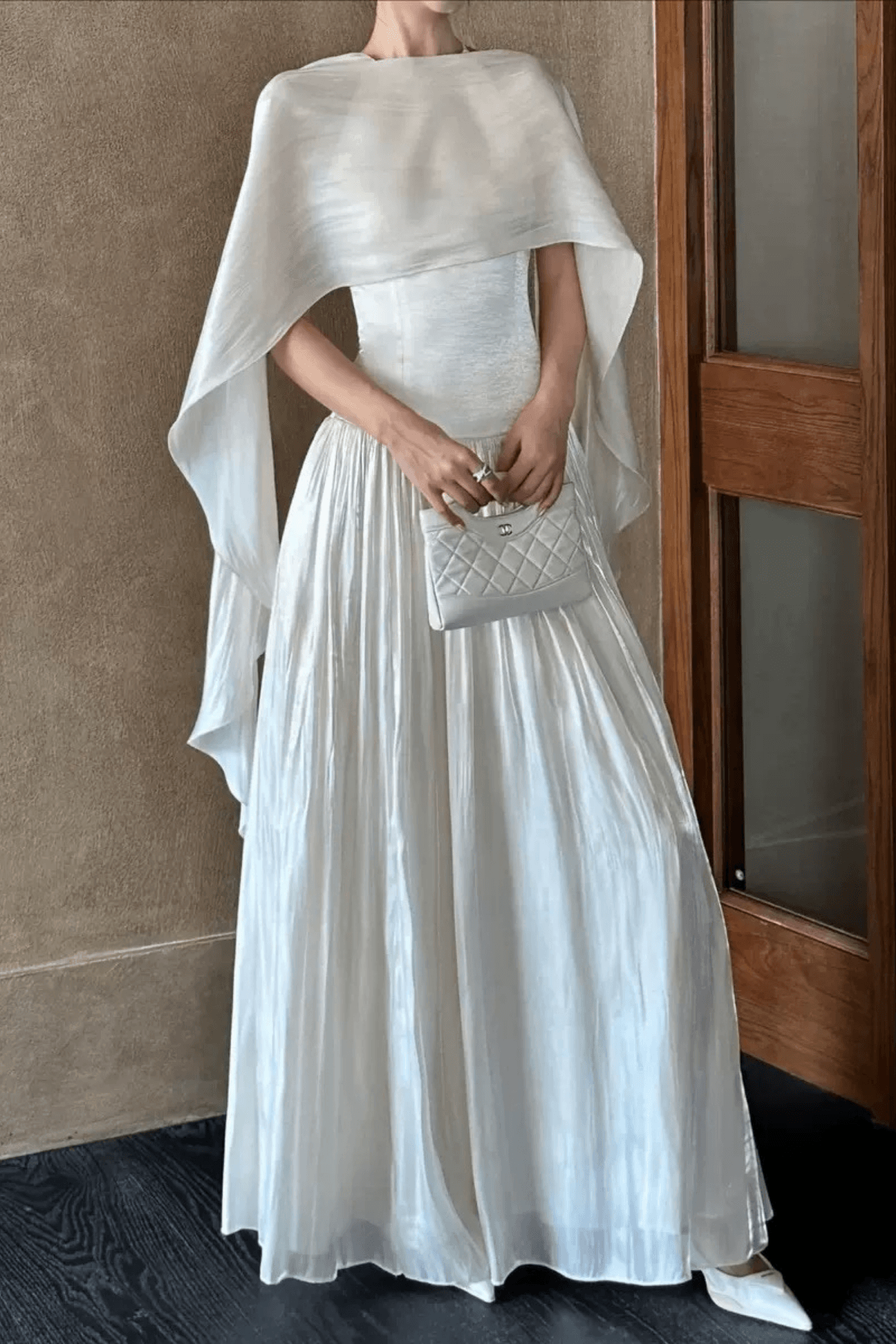 Sylvia White Cape Sleeve Pleated Maxi Dress Avalabel