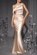 Champagne Satin Two Piece One Shoulder Dress Avalabel