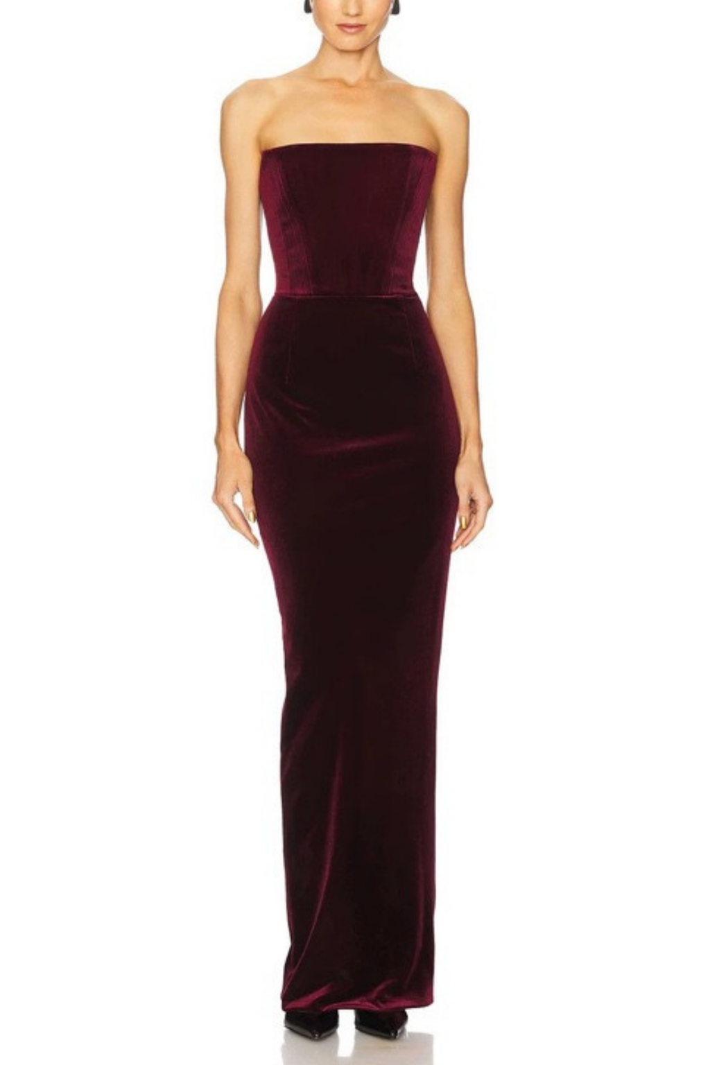 Diana Burgundy Strapless Velvet Maxi Dress with Long Gloves Avalabel