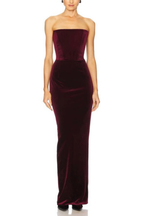 Diana Burgundy Strapless Velvet Maxi Dress with Long Gloves Avalabel