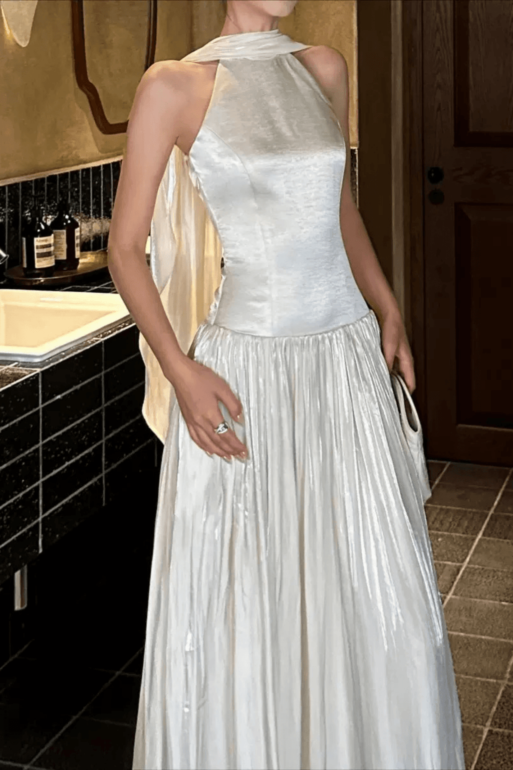 Sylvia White Cape Sleeve Pleated Maxi Dress Avalabel