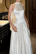 Sylvia White Cape Sleeve Pleated Maxi Dress Avalabel