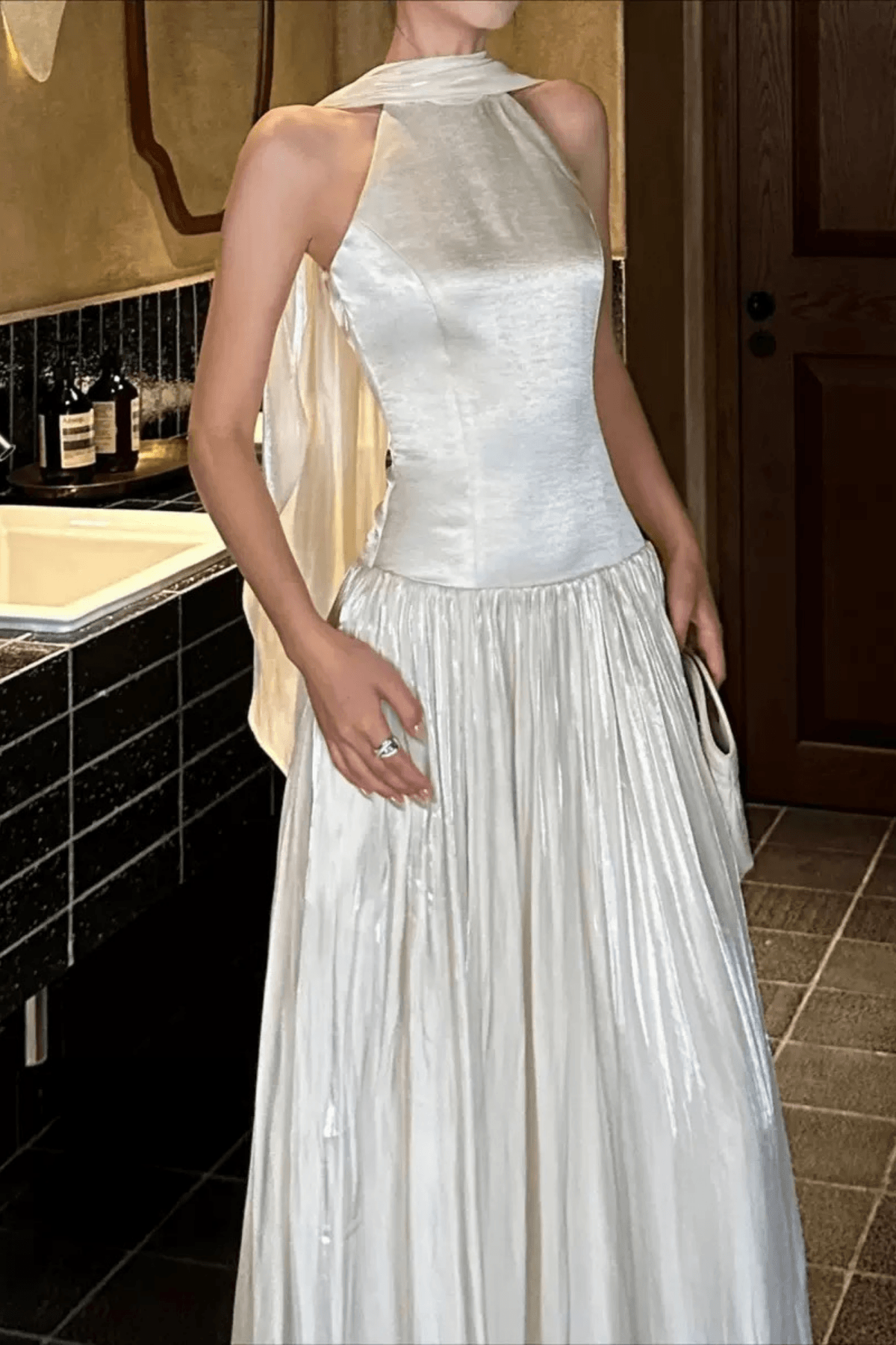 Sylvia White Cape Sleeve Pleated Maxi Dress Avalabel