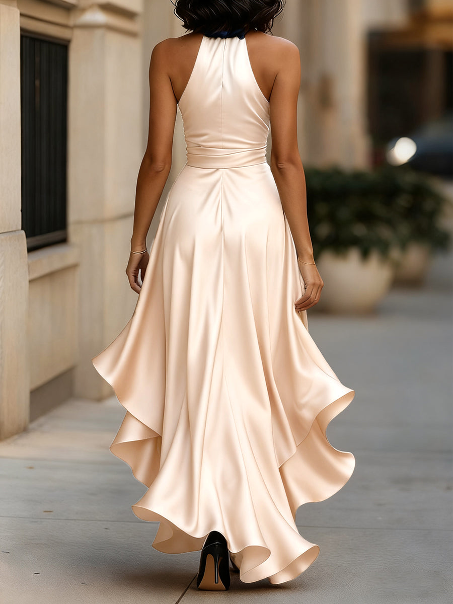 Midnight Elegance Satin Halter Ruffle Gown Avalabel