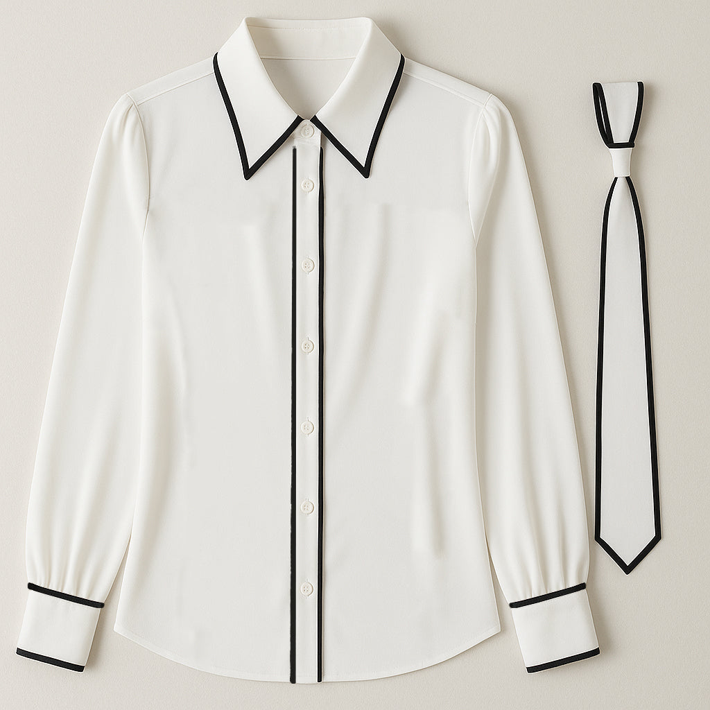 Chic Contrast Trim Tie-Neck Blouse Avalabel