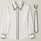 Chic Contrast Trim Tie-Neck Blouse Avalabel