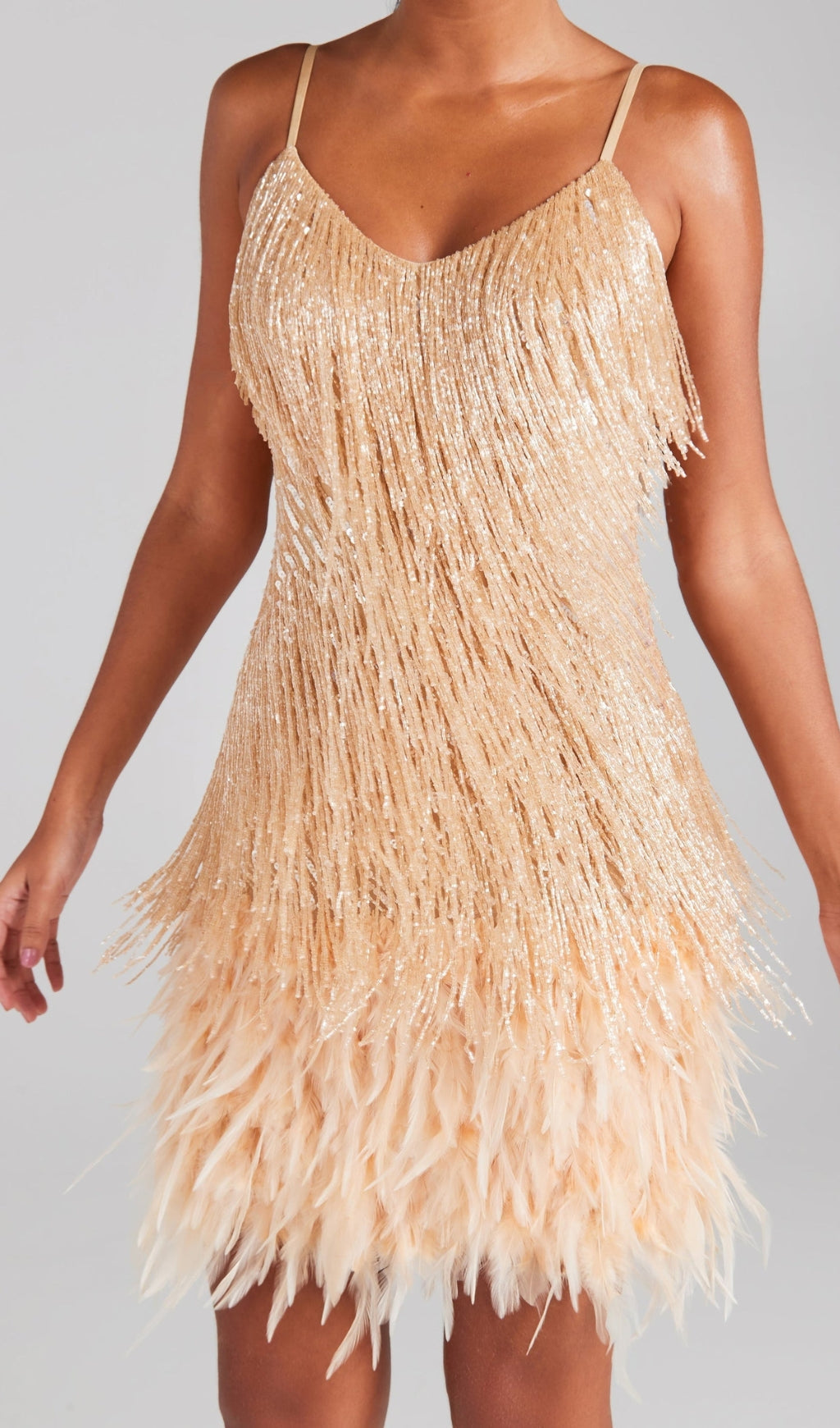 CHAMPAGNE TASSEL FEATHER MINI DRESS Avalabel