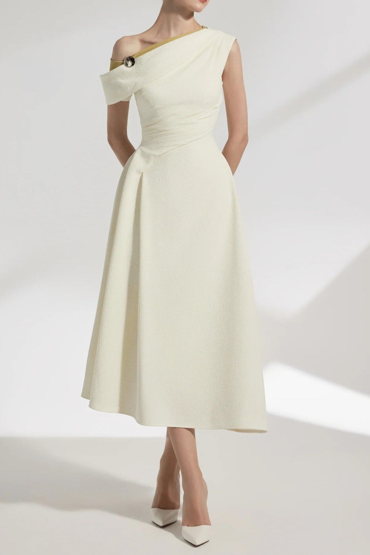 Lucy One-Shoulder A-Line Midi Dress in White Avalabel
