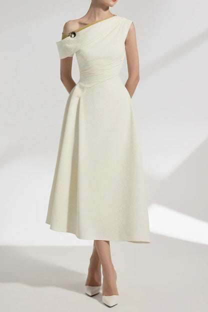 Lucy One-Shoulder A-Line Midi Dress in White
