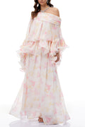 Emily White Floral Print Ruffled Chiffon Maxi Dress Avalabel
