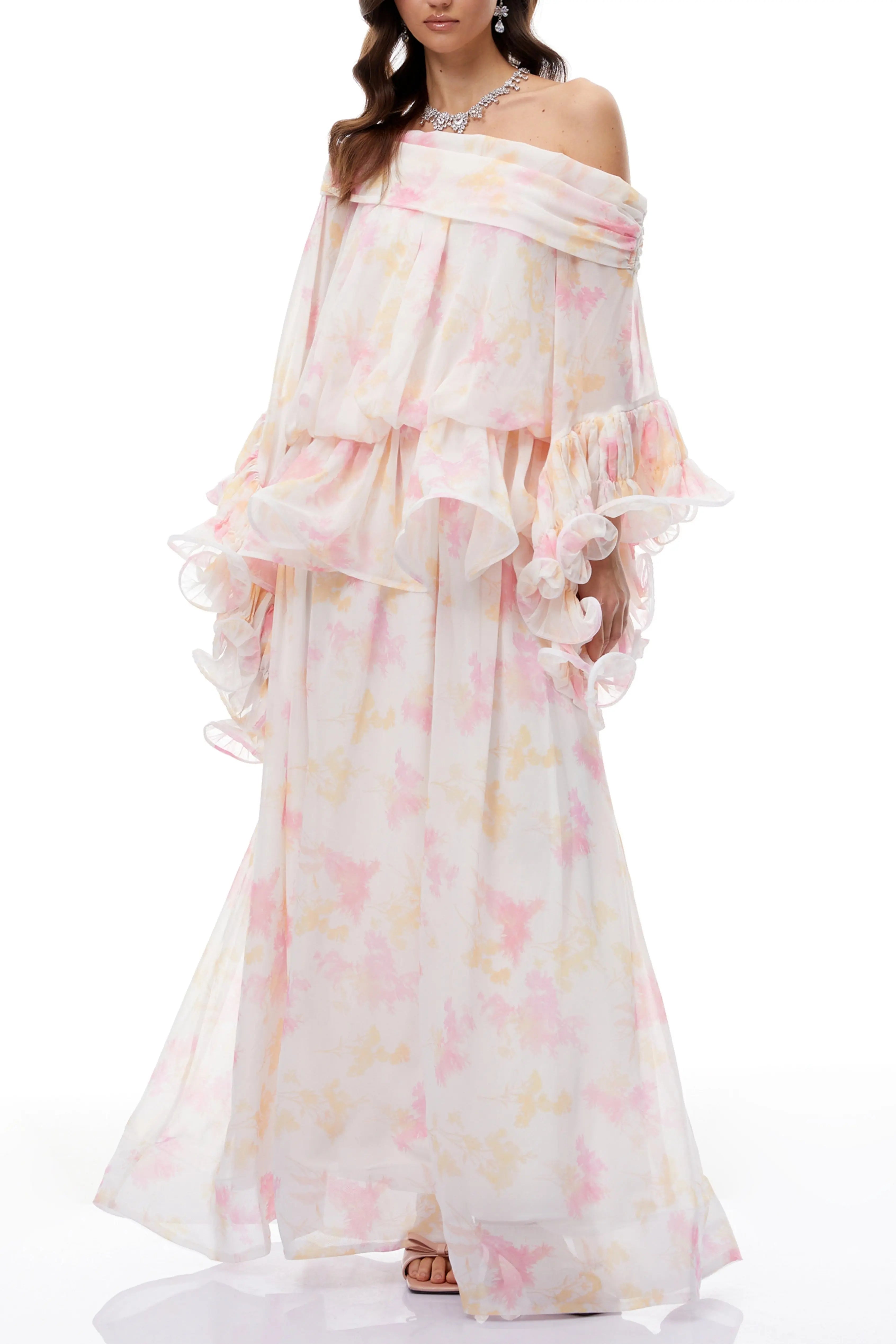 Emily White Floral Print Ruffled Chiffon Maxi Dress Avalabel