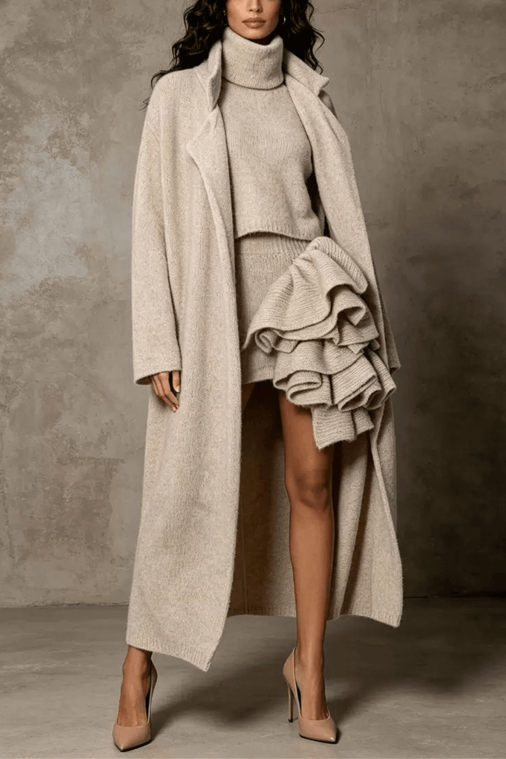 Candy Beige Knit Long Cardigan Coat Avalabel