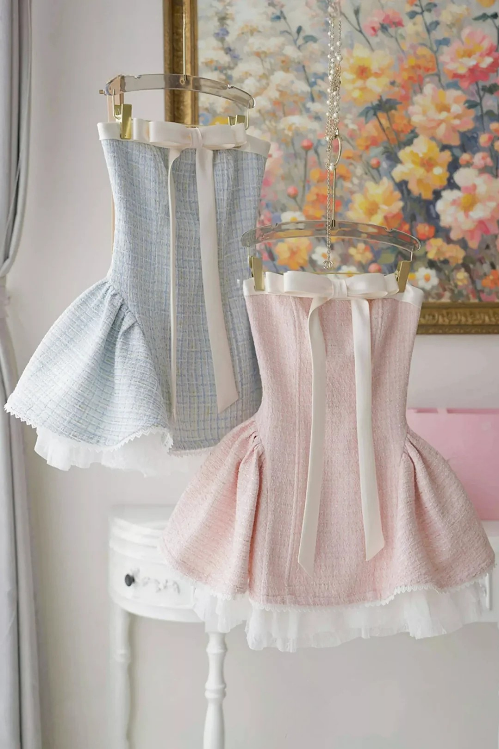 TWEED BOW MINI DRESS IN PINK Avalabel