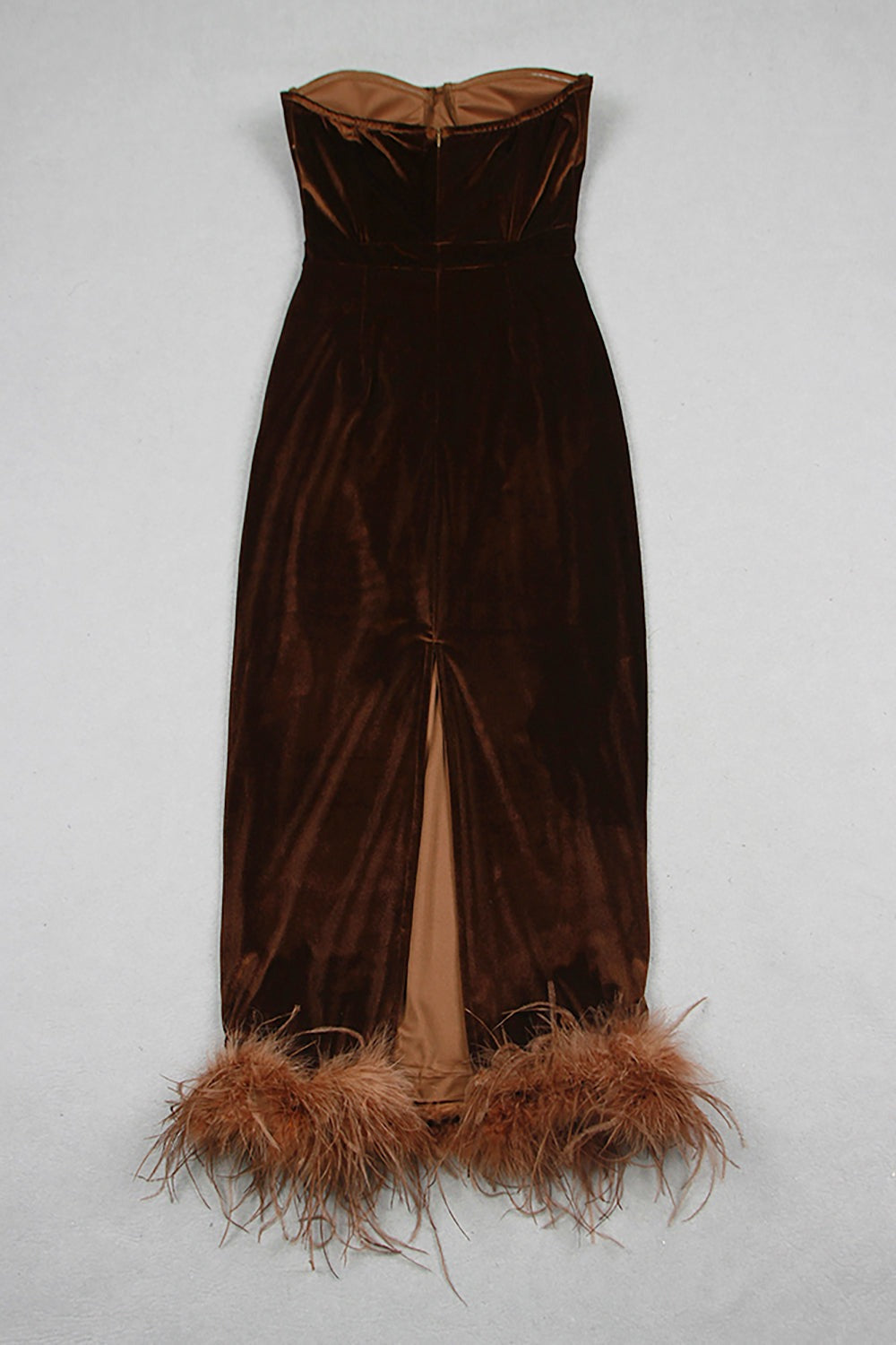 STRAPLESS BUSTIER FEATHER HEM MIDI VELVET DRESS BROWN